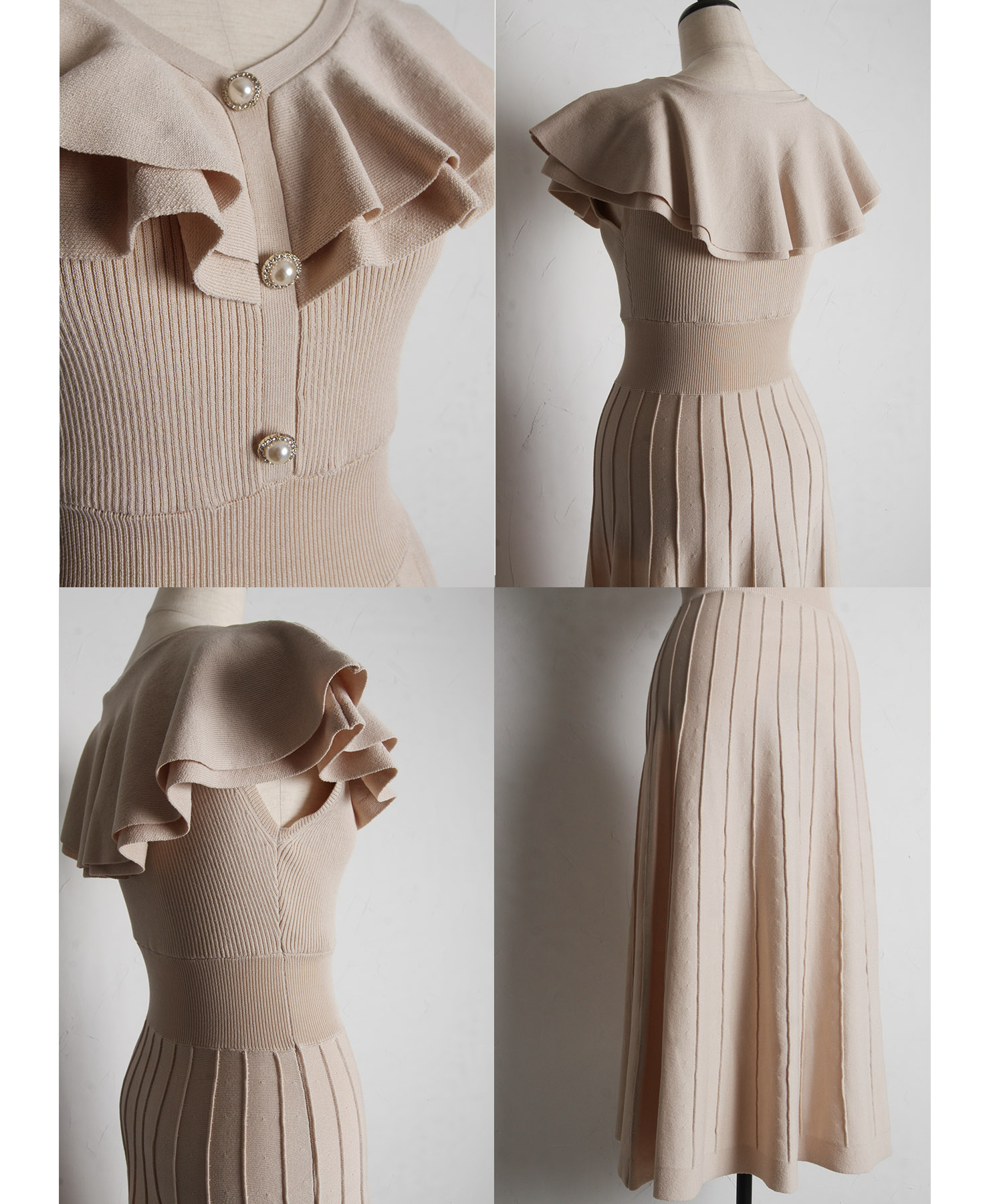 楽天市場】パール飾り釦付きラッフルフリルリブニットワンピース