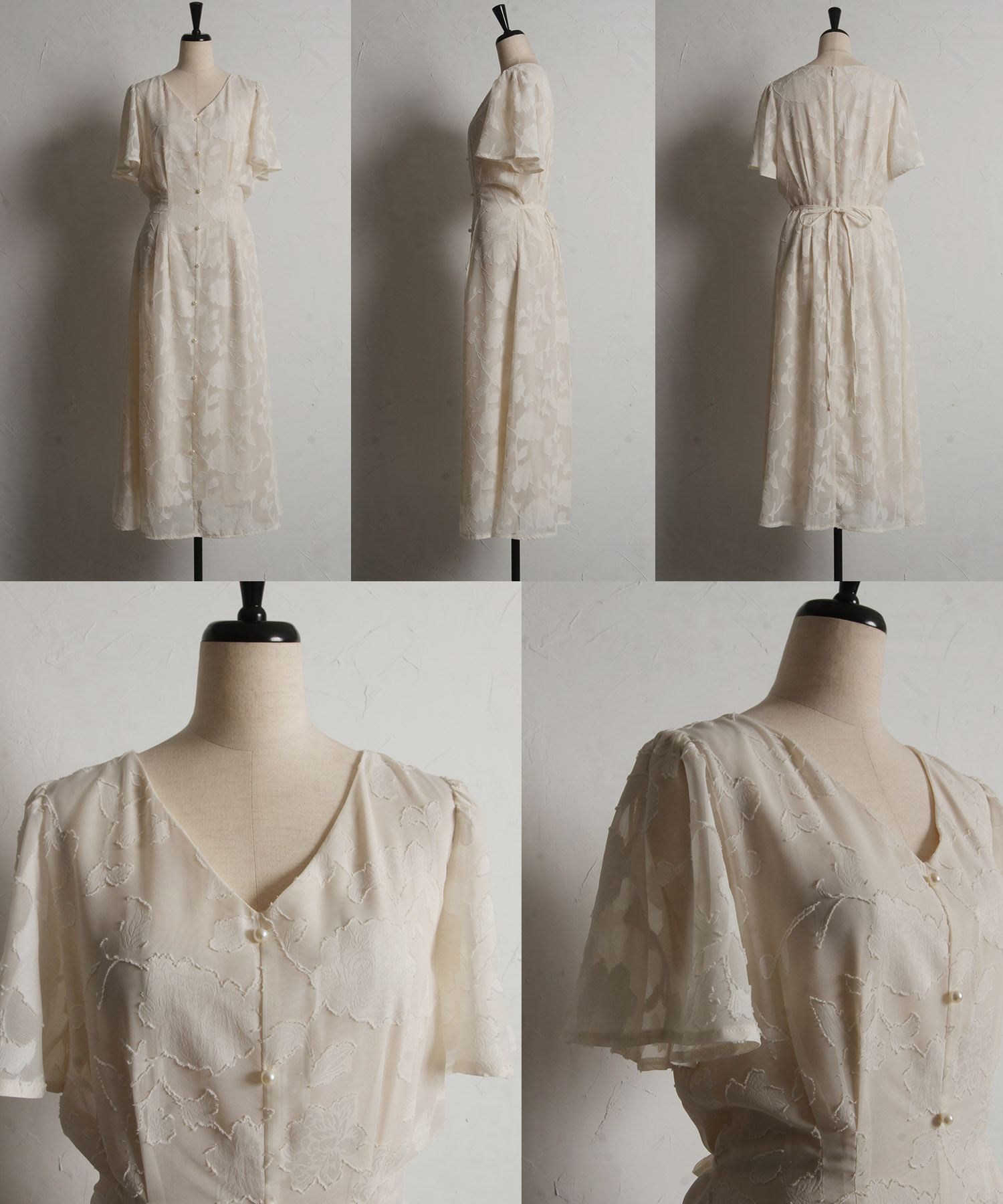 ウエストリボン付きパール装飾シアーフラワージャガードワンピース