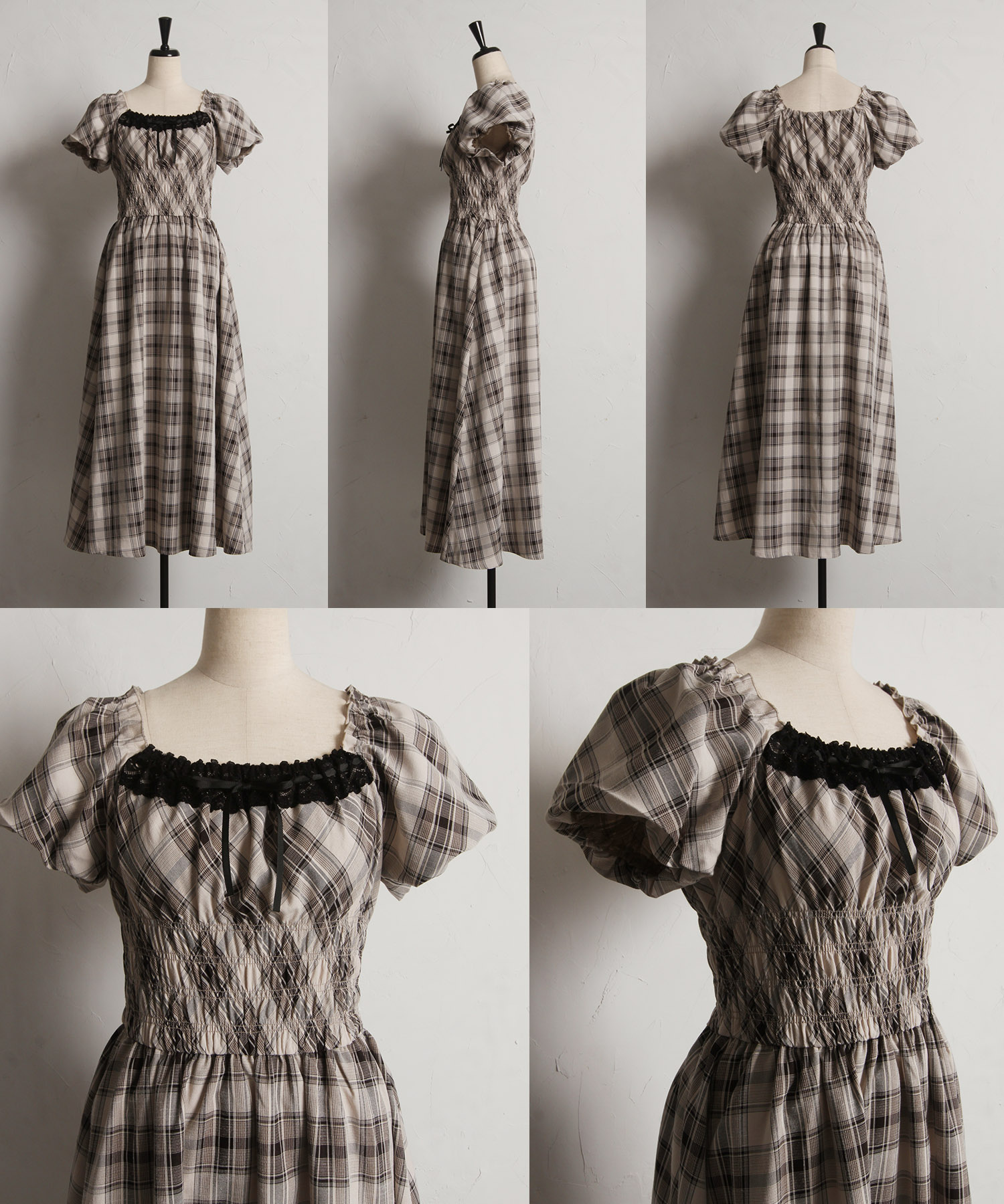レース＆リボン装飾チェック柄ウエストシャーリングワンピース