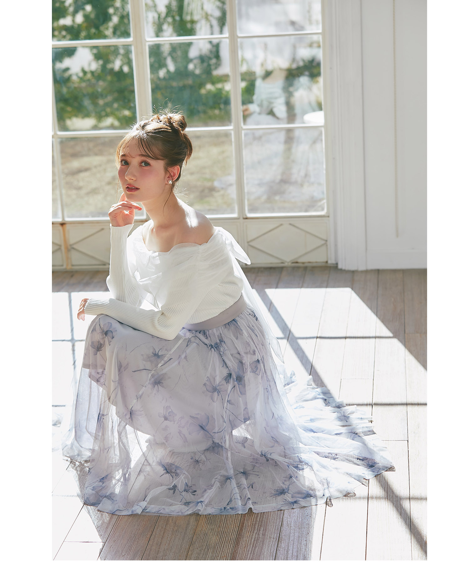 フラワープリントチュールフレアスカート