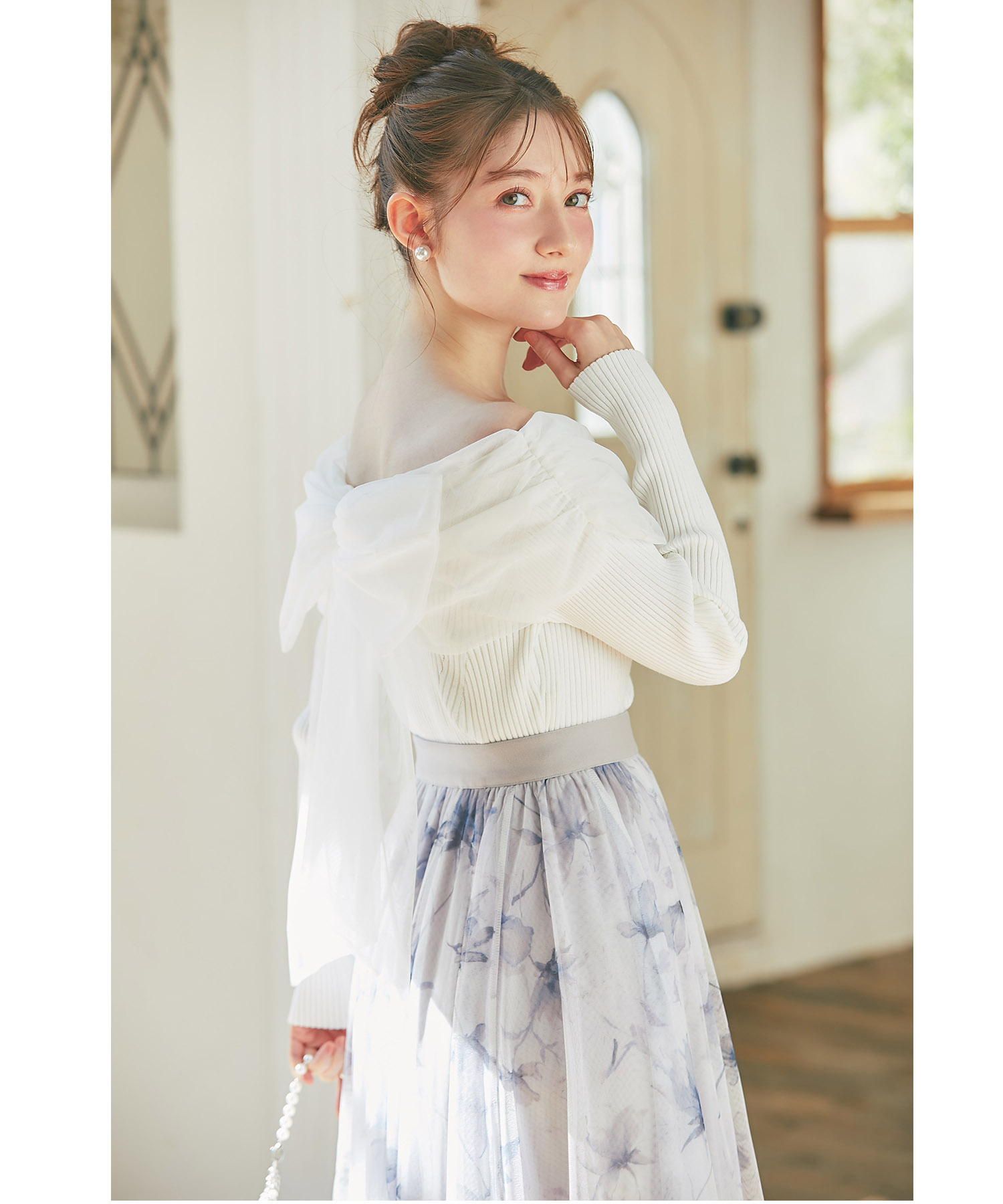 フラワープリントチュールフレアスカート