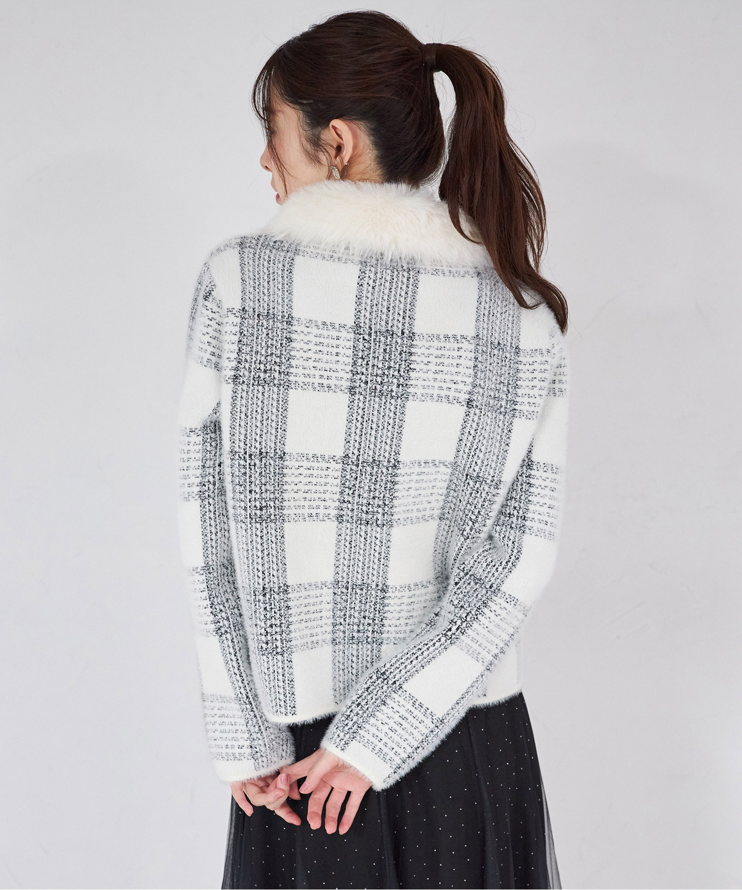 ファー付きチェック柄シャギーニットジャケット