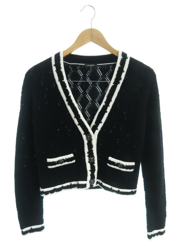 CHANEL シャネル レーストリミングカーディガン カシミヤモヘヤ 黒 06C