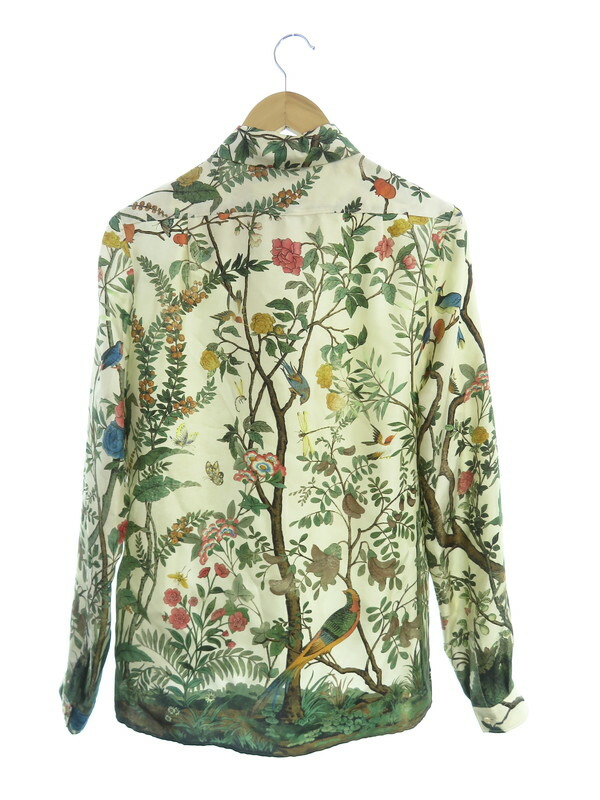 GUCCI】グッチ『ボウタイ付 シルク 花鳥柄 長袖ブラウス size38/15