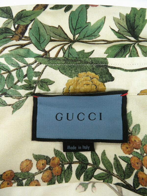 GUCCI】グッチ『ボウタイ付 シルク 花鳥柄 長袖ブラウス size38/15