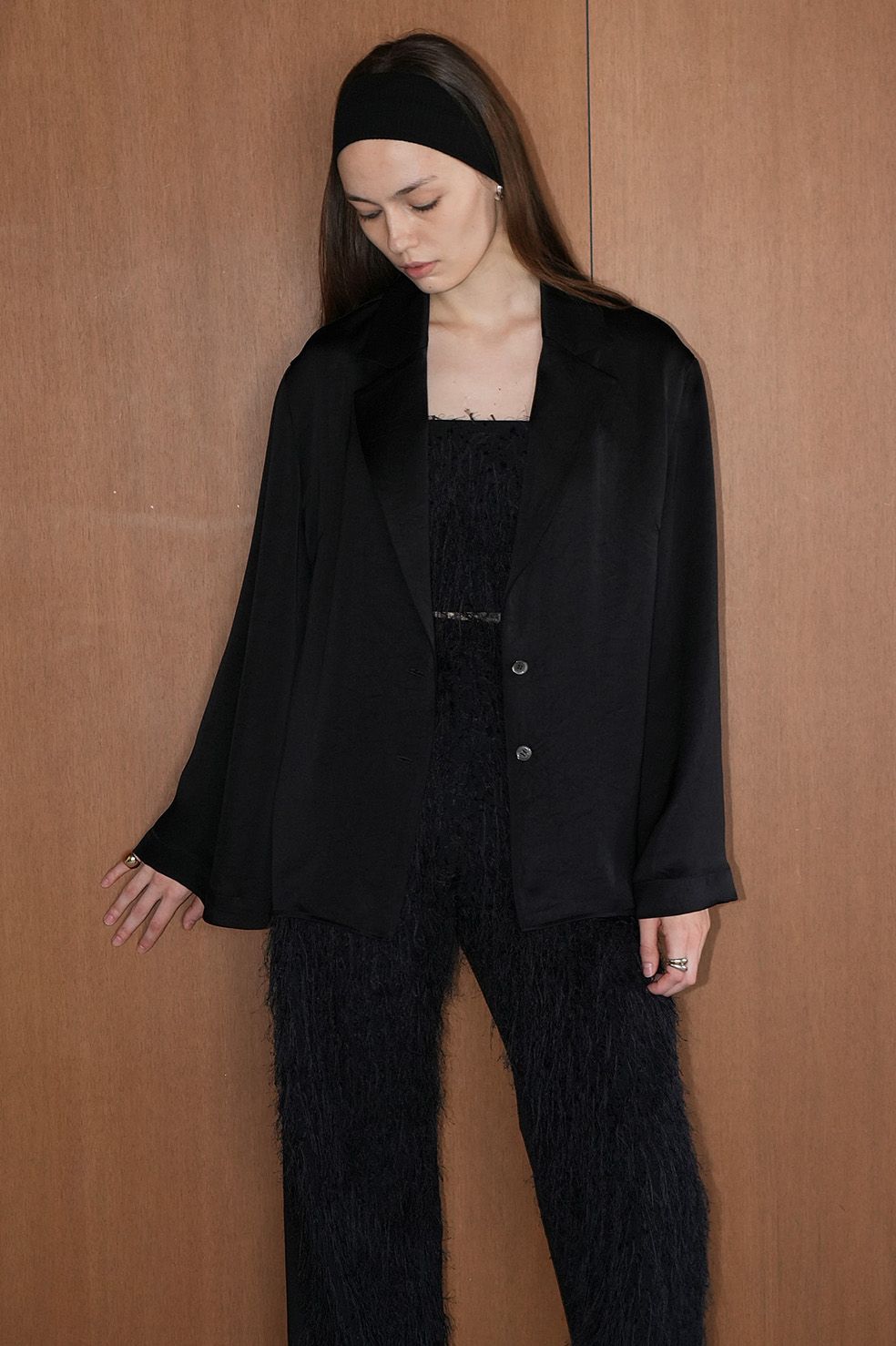 CLANE - TAILORED SATIN SHIRT - KHIKI - サテン テーラードシャツ