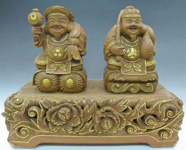 欅 恵比寿大黒 日本彫刻 仏師 藤井崇護作 截金仕上 在銘 古代仏像彫刻