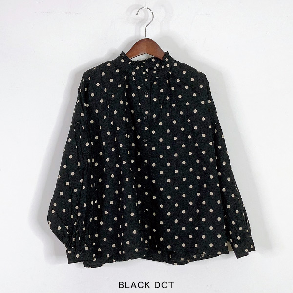 ドットフリル襟ブラウス レディース トップス 長袖ブラウス ボタン 前