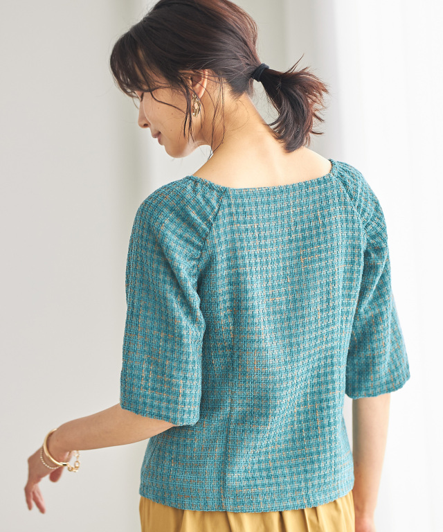 カラーツイードボリュームスリーブブラウス
