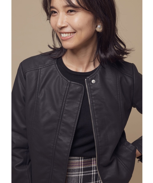 ノーカラーフェイクレザーライダースジャケット