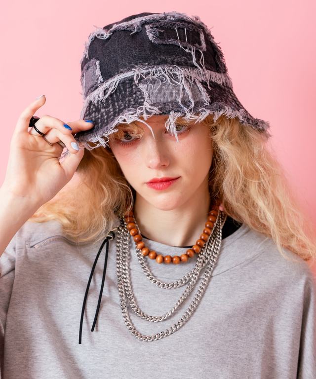 クラッシュフリンジランダムパッチワークデニムハット / メンズ