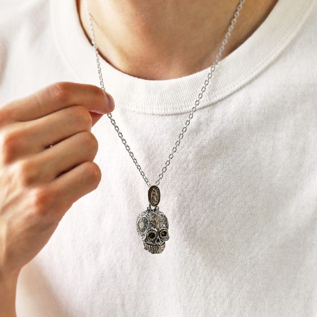 ラージ メキシカンスカル ＆ メダイ ペンダント ≪3mmアズキチェーン