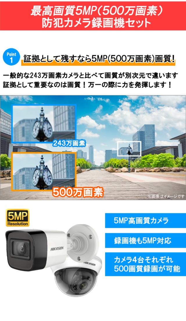防犯カメラ 屋内屋外 家庭用 500万画素カメラ1〜4台セット