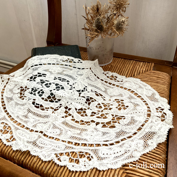 パリ発送】L2572 イタリアアンティークボビンレースクロス 19世紀