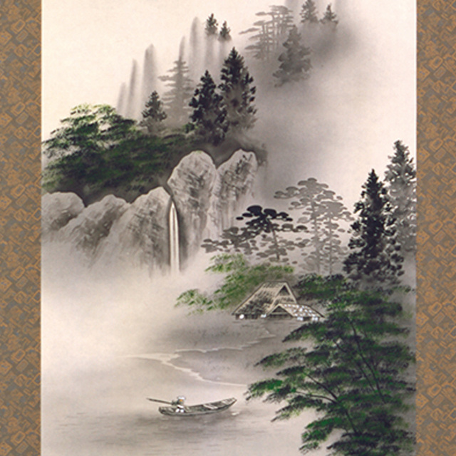 掛け軸 A5551 彩色山水 尺五立 作者 大谷翠谷 54.5x185cm