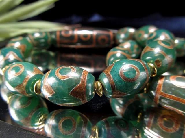 人気 天珠アクセサリー 緑龍紋天珠 ブレスレット 幅約12-14mm前後 九眼