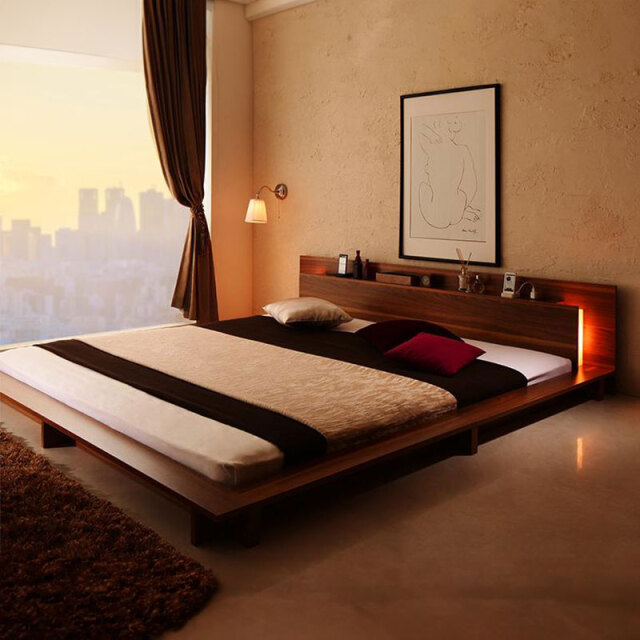 フロアベッド | モダンライト付 大型ローベッド ベッドフレームのみ