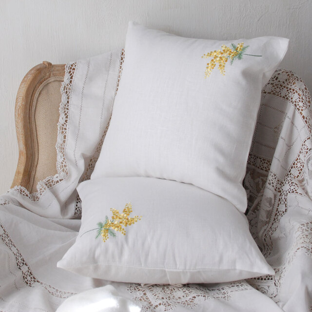 francjour フランジュール ｜ ミモザ刺繍リネンクッションカバー