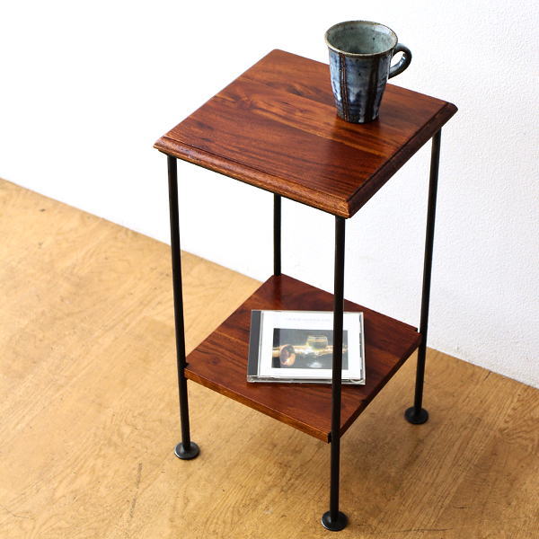 サイドテーブル 花台 木製 アイアン 棚付き 天然木 無垢材 アカシア