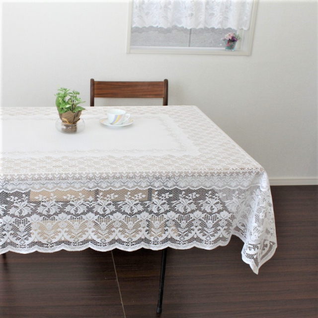 撥水加工レーステーブルクロス ホワイト 日本製 正方形 長方形【5818】