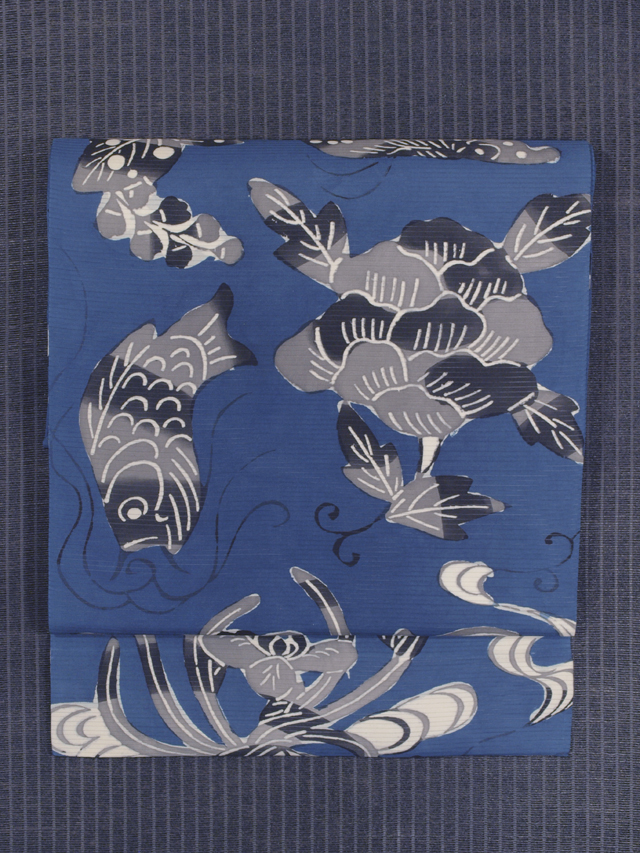 帯のアトリエ花邑 hanamura 銀座「草花に鯉文様 型絵染め 絽 名古屋帯」
