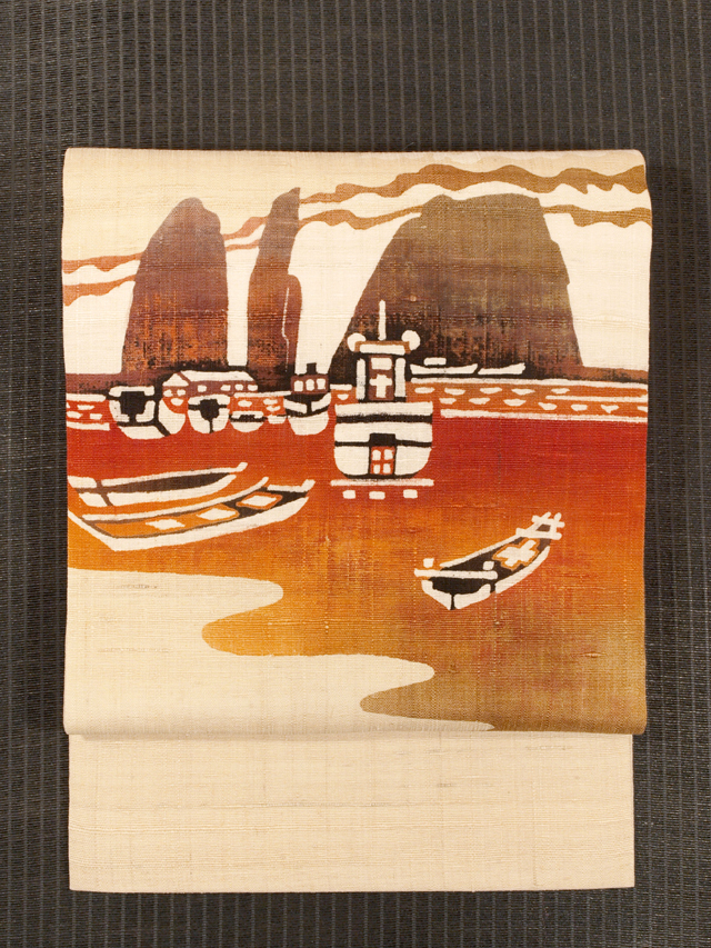 帯のアトリエ花邑 hanamura 銀座「水辺に舟文様 型染め 生紬 名古屋帯」