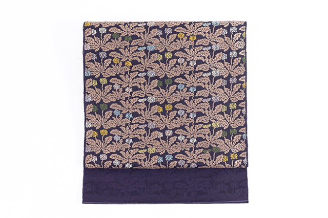 京都 西陣 勝山織物 正絹 九寸名古屋帯 蒲公英 紺×茶×黄色