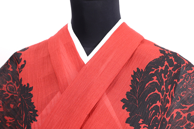 夏着物 小千谷ちぢみ 杉山織物 楊柳 RUMIX ダマスク 赤