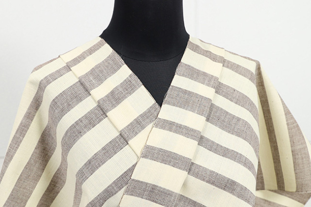 片貝木綿 木綿着物 紺仁工房 普段着きもの ボーダー 灰×薄黄 ◇男女