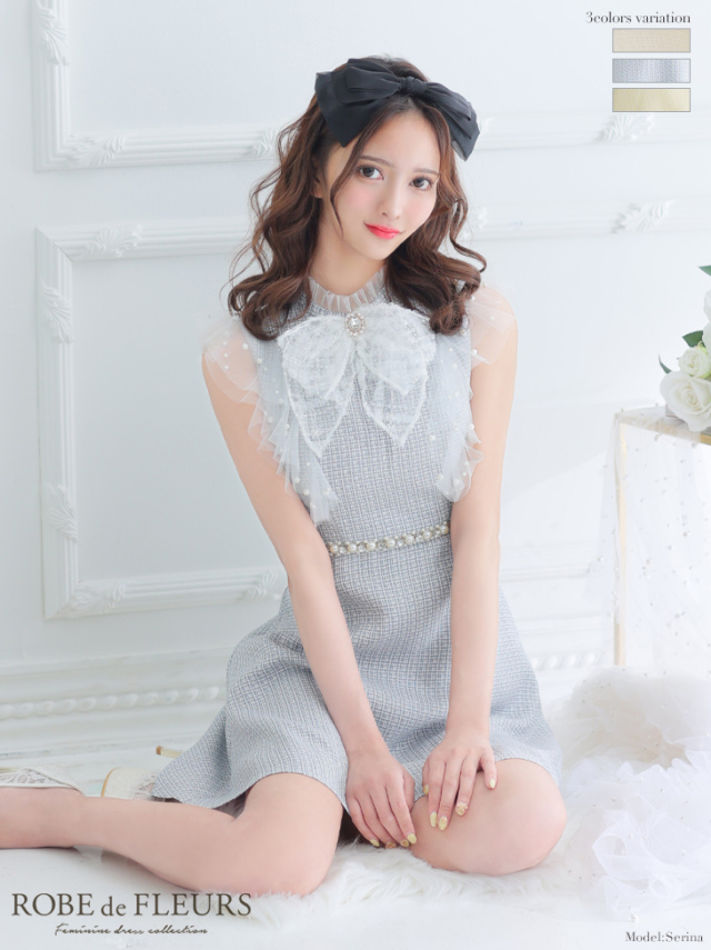 XSサイズあり】レース×ビジューサマーツイードミニフレアキャバドレス