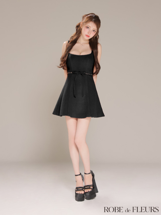 XSサイズあり】ウエストリボンラメ入りメルトンフレアミニキャバドレス