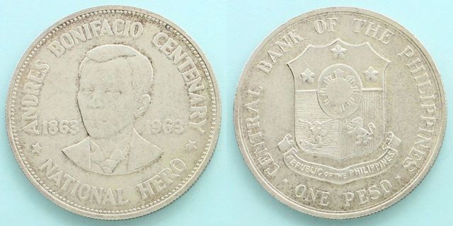 フィリピン 1963 1ペソ銀貨 革命家アンドレス・ボニファシオ生誕100周年