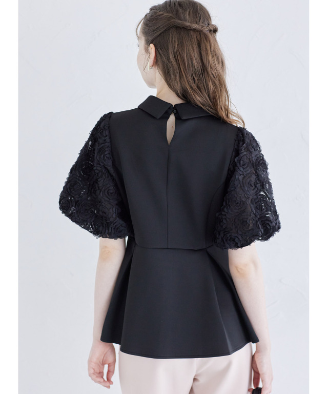 立体フラワースリーブ切り替え襟付きペプラムボンディングトップス