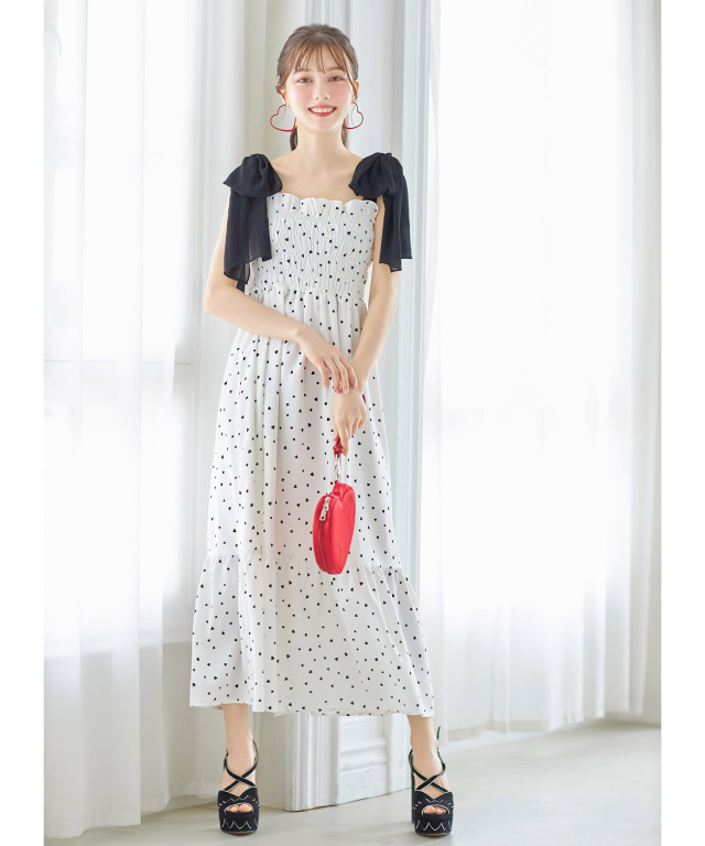 肩リボン付きハートプリントティアードワンピース