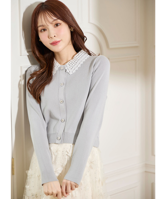 2WAYレース襟付きビジュー釦ニットカーディガン