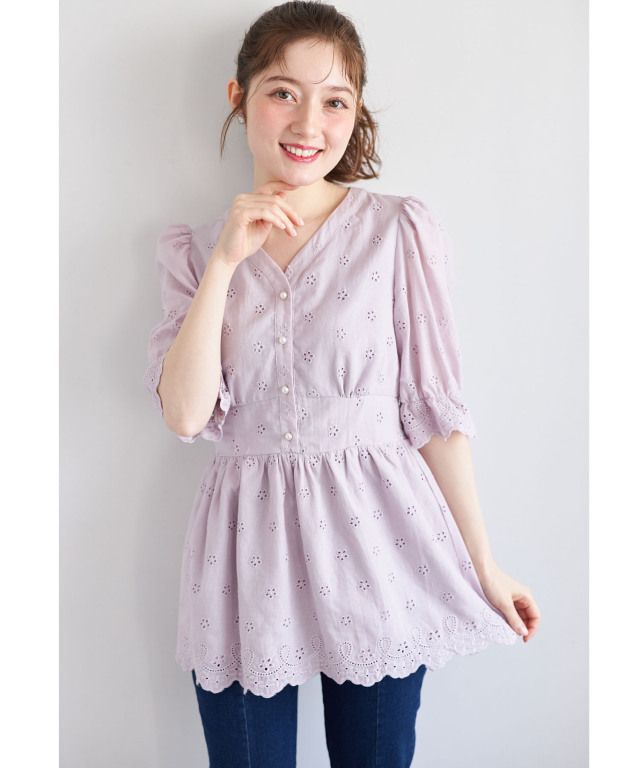 コットンレースペプラムブラウス