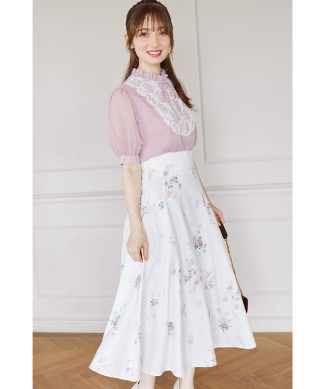 リボン＆パール付きレース装飾パフスリーブブラウス