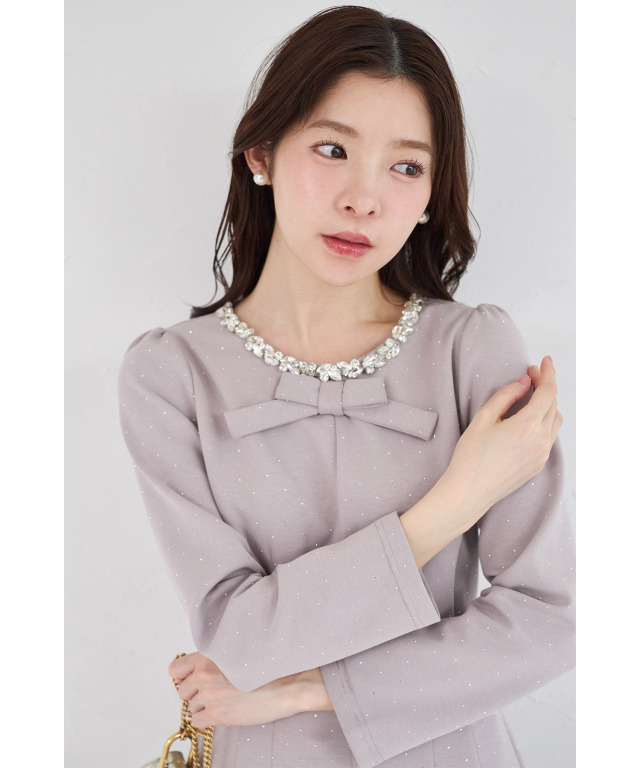 きらきらストーン×ビジュー付きリボンボンディングワンピース