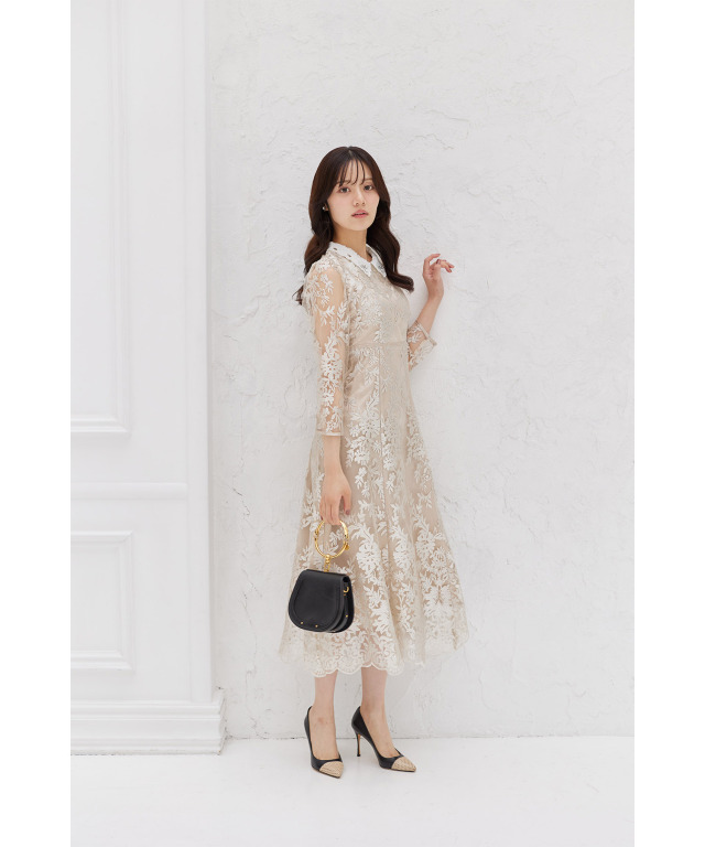 取り外し可能な立体フラワー襟付きレースワンピース