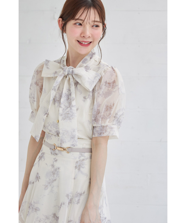 ボウタイリボンフラワープリントメッシュブラウス