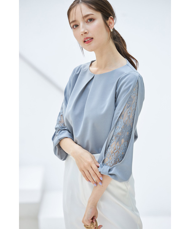 リボンモチーフ付き七分袖レース切り替えブラウス