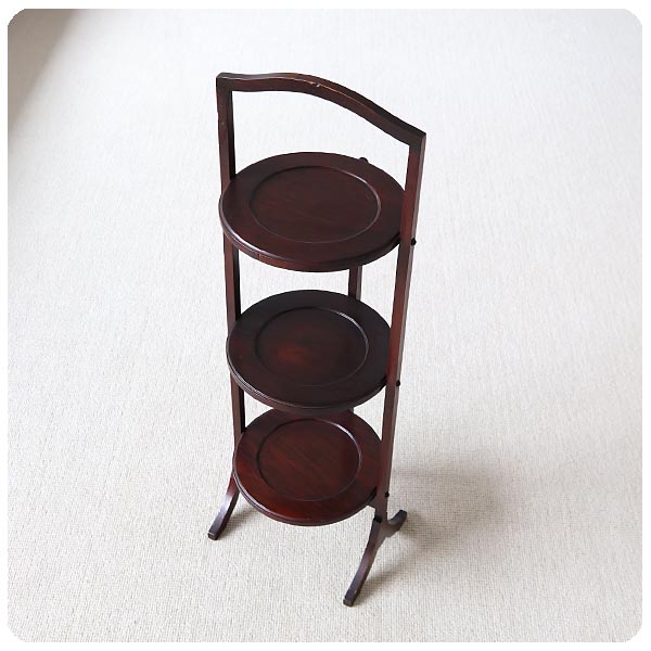 イギリス アンティーク 折りたたみケーキスタンド3段/マホガニー/飾り