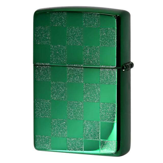 Zippo ジッポー チェック ラメ 幾何学模様 両面加工 グリーン ジオ