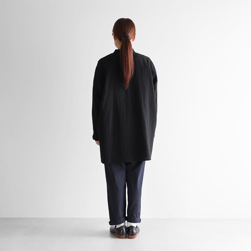 シャトルダブルガーゼバンドカラーオーバーシャツ（ブラック）【ユニ