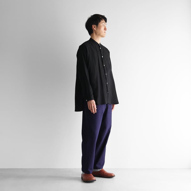 シャトルダブルガーゼバンドカラーオーバーシャツ（ブラック）【ユニ