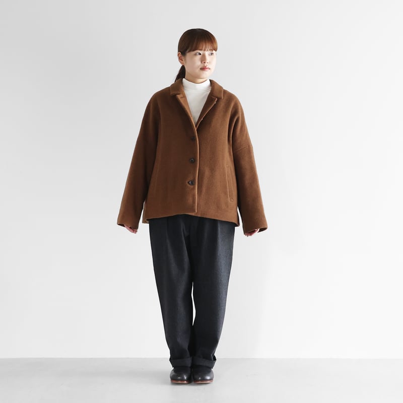 HUIS×尾州”縮絨ウールフランネルワイドショートコート（ブラウン