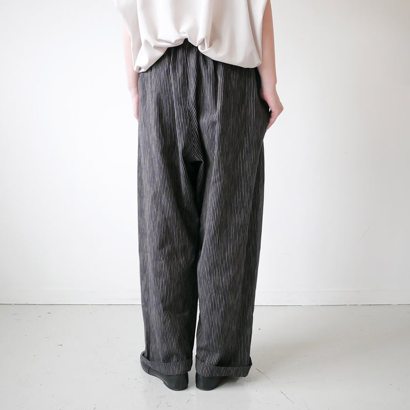 久留米かすり｜kasuri wide pants｜絣ワイドパンツ ｜よろけ縞 濃紺