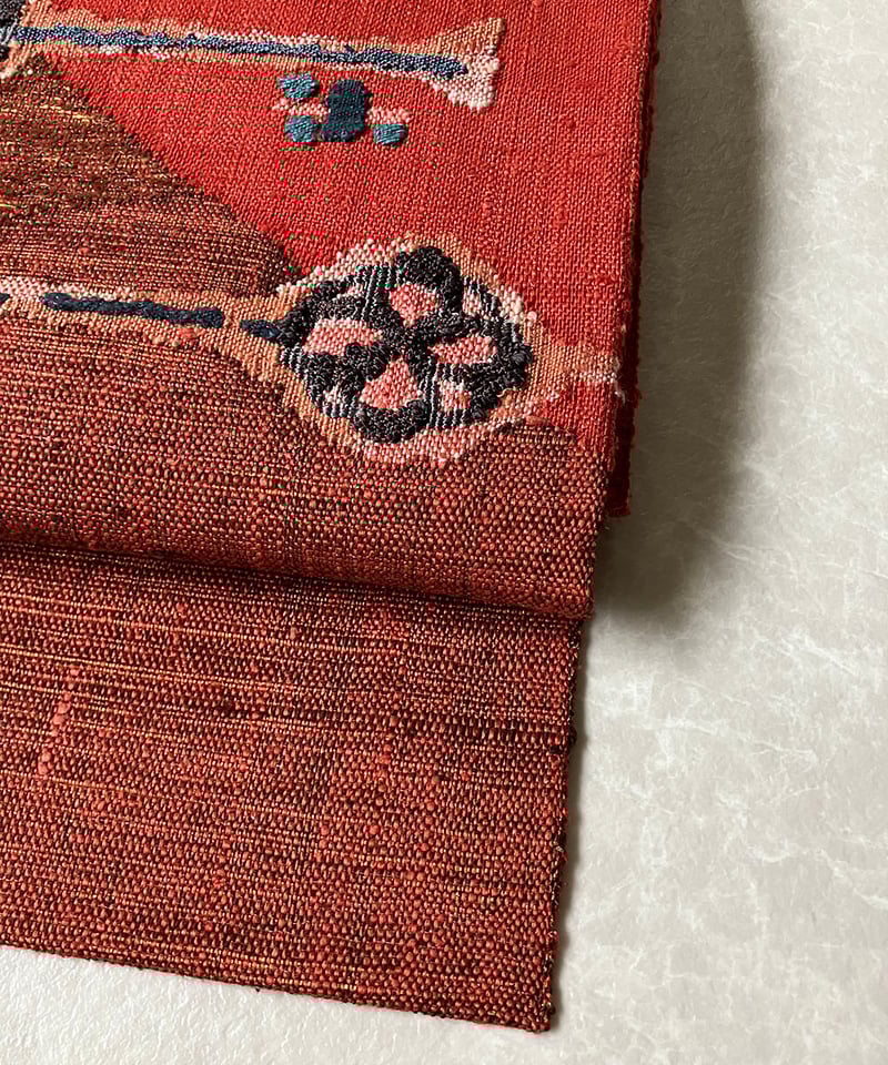 渡文】抽象模様 手織り真綿紬名古屋帯 朱赤［N089］ | kimono ulala