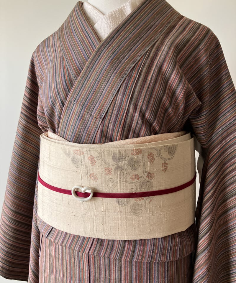 結城紬 茶系×カラフル縞模様 袷 正絹 証紙なし［K187］ | kimono ulala