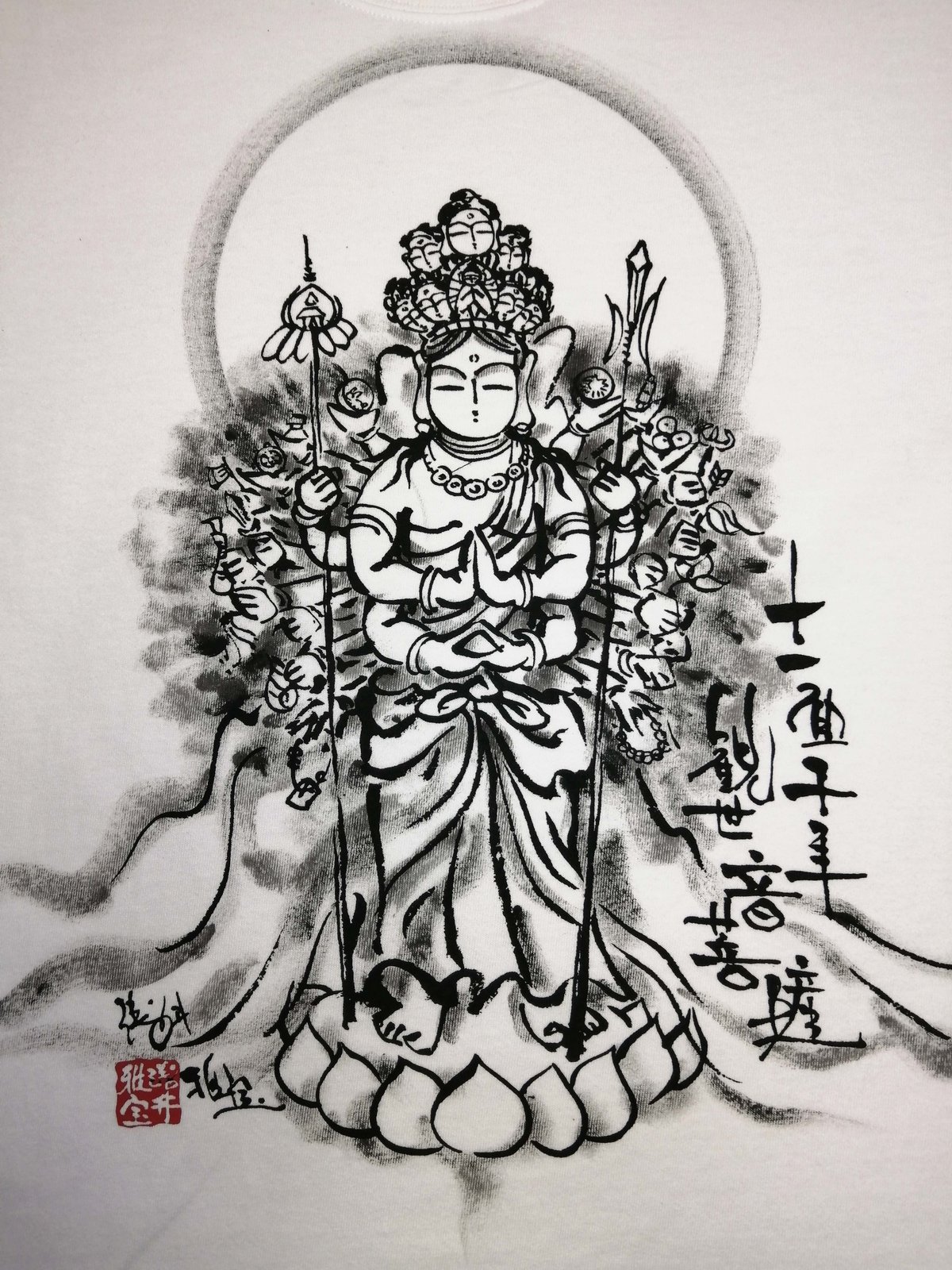 手描きTシャツ 仏画 No.9 十一面千手観音 白 | 伯舟庵 WEB ストア (JAPAN)